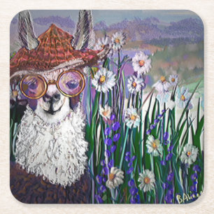 .Cute Llama Art With Glasses. And Art Square Paper Coaster