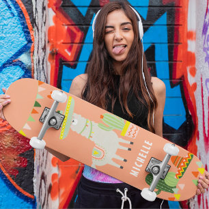 Cute Llama Cactus Party Girly Personalised Skateboard