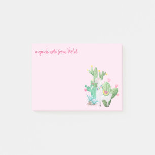 Cute Llama & Cactus Watercolor - Custom Name Pink Post-it Notes