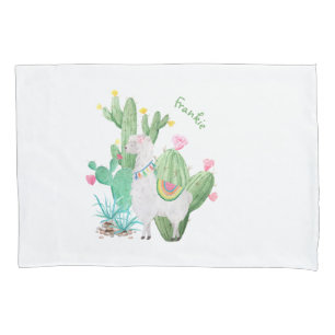 Cute Llama & Cactus Watercolor Personalised White Pillowcase