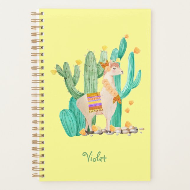 Cute Llama & Cactus Watercolor Yellow Personalised Planner (Front)