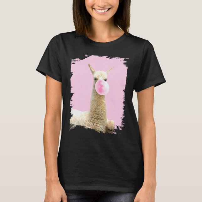 Cute Llama Chewing Pink Bubble Gum T-Shirt (Front)