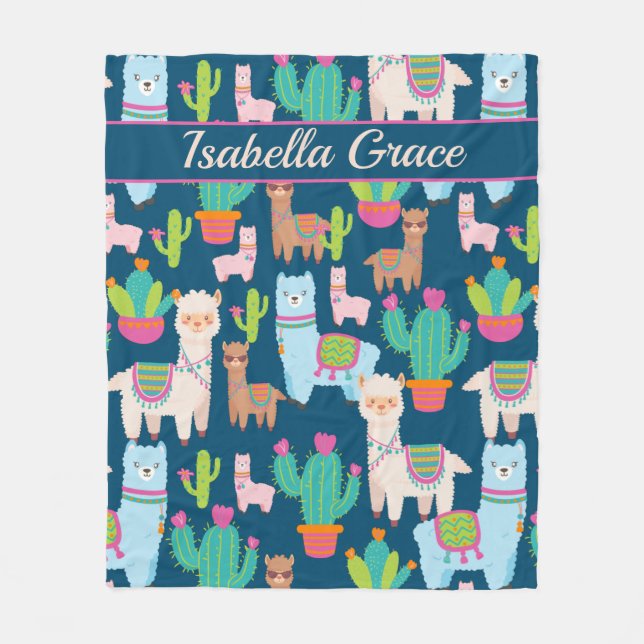 Cute Llama Custom Name Fleece Blanket (Front)
