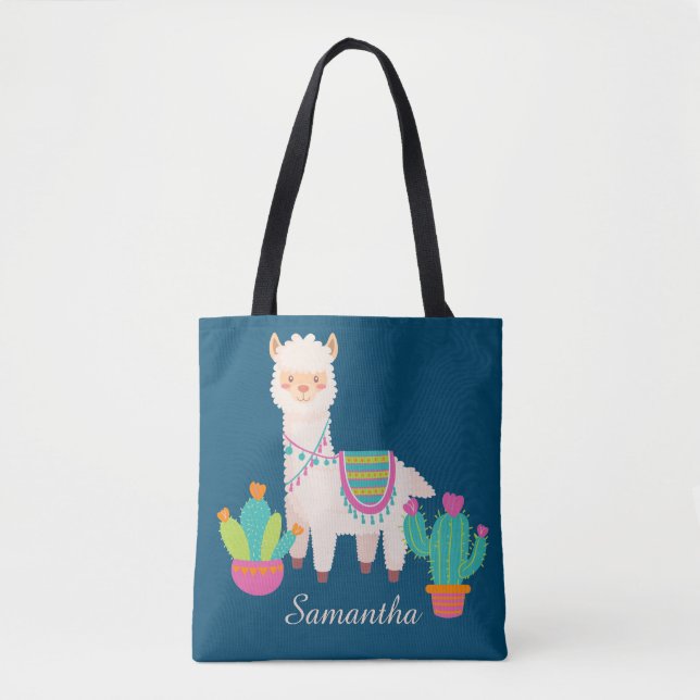 Cute Llama Custom Name Tote Bag (Front)