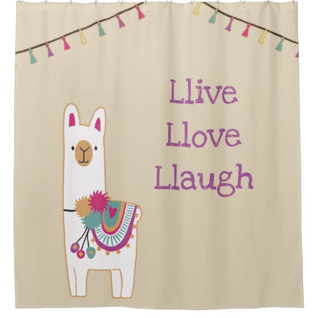 Cute llama design with custom background colour shower curtain (Front)