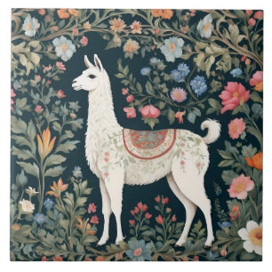 Cute Llama Elegant Floral Ceramic Tile