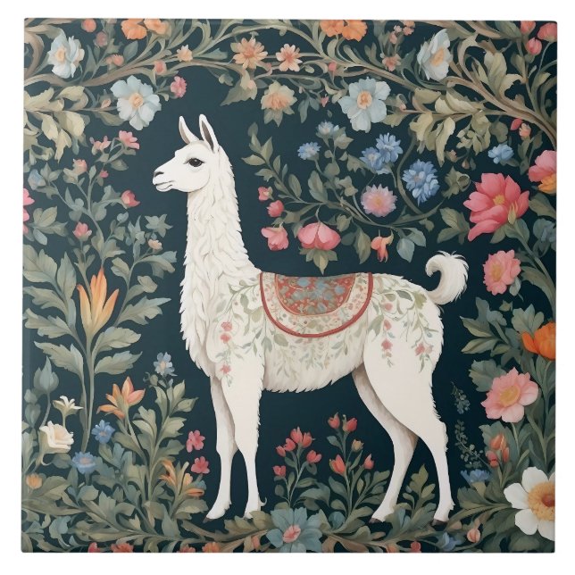 Cute Llama Elegant Floral Ceramic Tile (Front)
