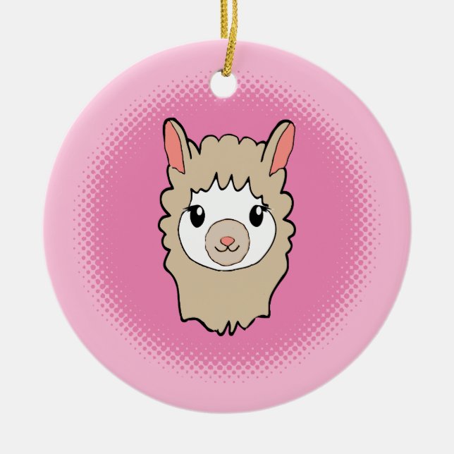 Cute Llama Face Drawing Pink Ceramic Ornament (Front)
