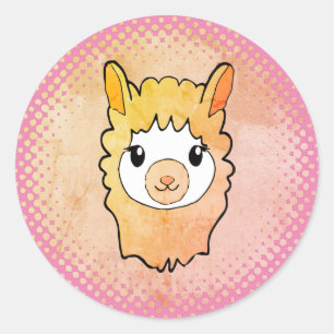 Cute Llama Face Vintage Style Drawing Pink Classic Round Sticker
