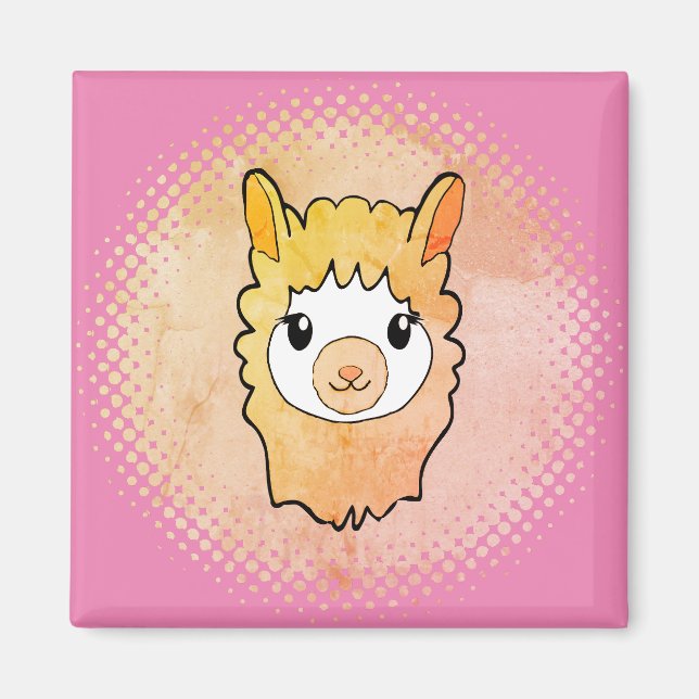 Cute Llama Face Vintage Style Drawing Pink Magnet (Front)