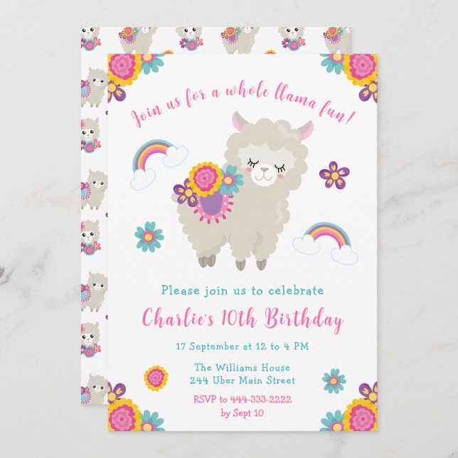 Cute Llama Floral Birthday Invitation (Front/Back)
