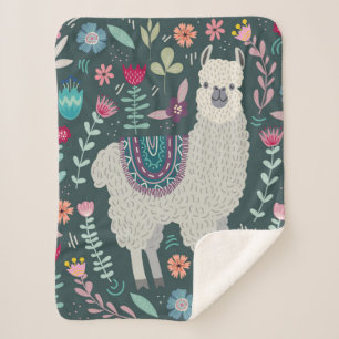 Cute Llama Floral Design Sherpa Blanket