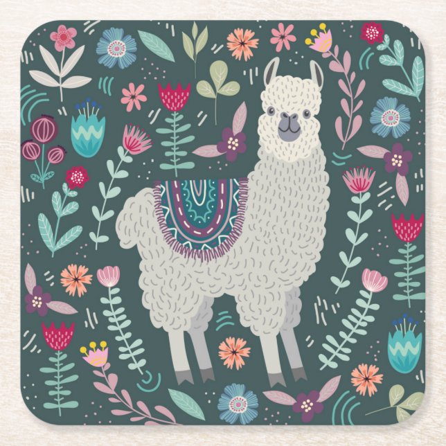 Cute Llama Floral Design Square Paper Coaster (Front)