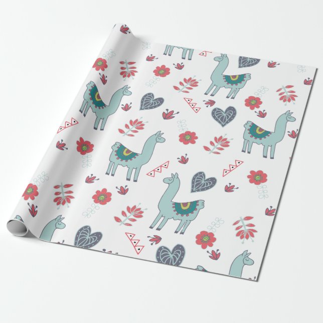 Cute Llama Floral Pattern Print Wrapping Paper (Unrolled)