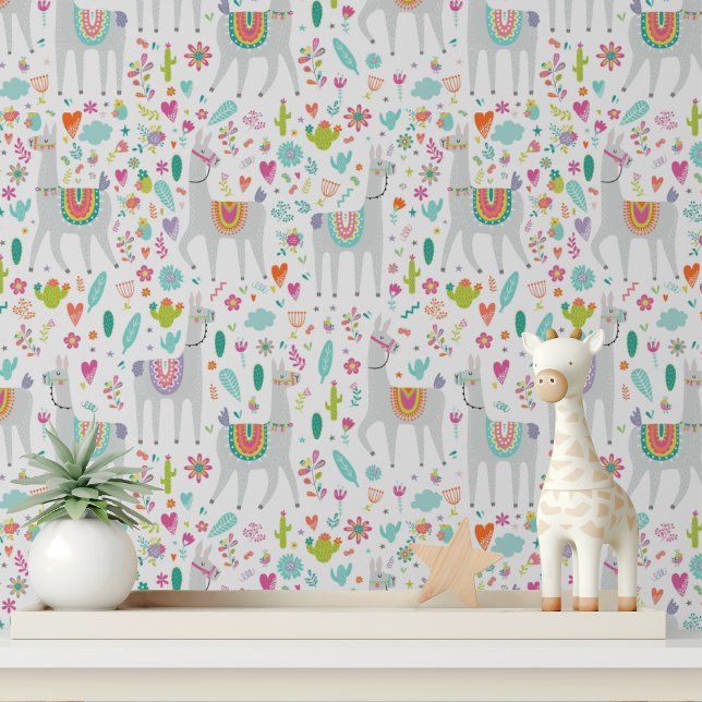 Cute Llama Flowers Girls Modern Kids Pattern Wallpaper (Creator Uploaded)