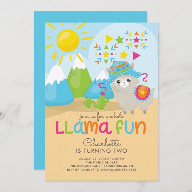 Cute Llama Fun Birthday Invitation (Front/Back)