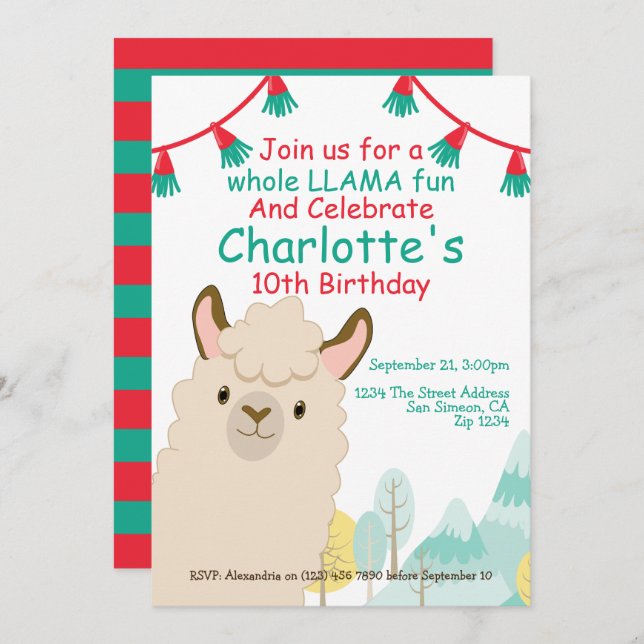 Cute Llama Fun Birthday Party Invitation (Front/Back)
