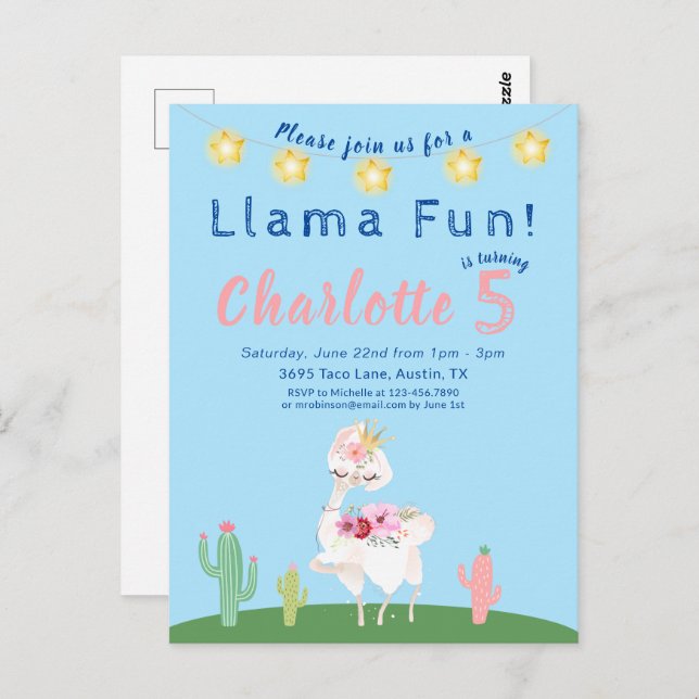 Cute Llama Fun Blue Birthday Party Invitation Postcard (Front/Back)