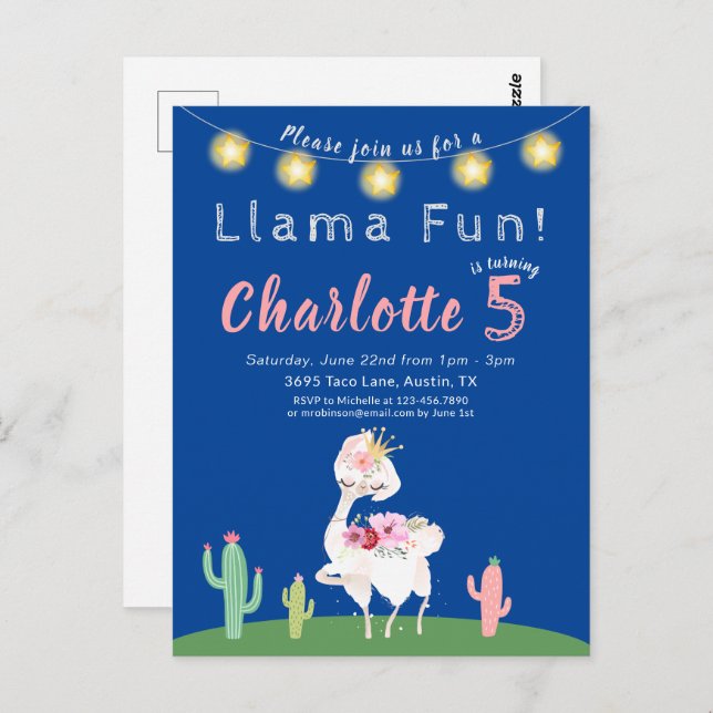 Cute Llama Fun Blue Birthday Party Invitation Postcard (Front/Back)