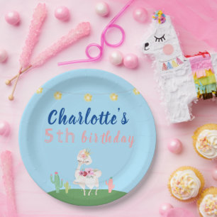 Cute Llama Fun Blue Birthday Party Paper Plate