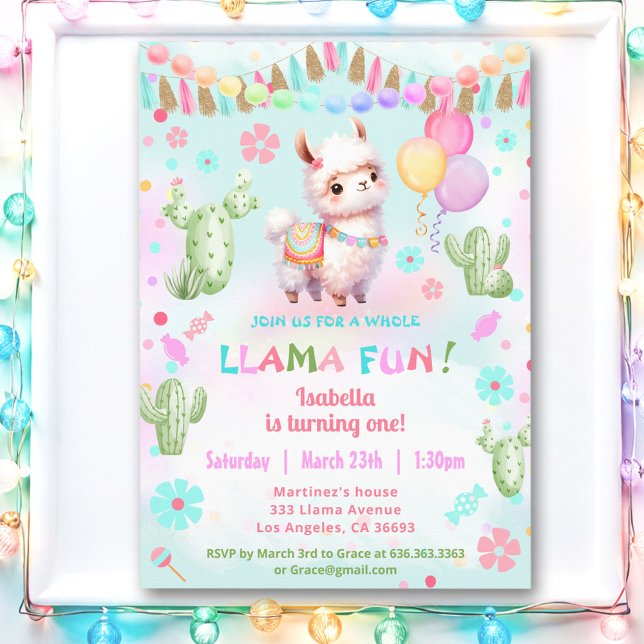 Cute Llama Fun Cactus Colourful Girl Birthday Invitation (Cute Llama Fun Cactus Colorful Girl Birthday Invitation)