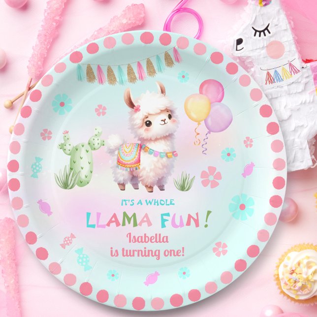 Cute Llama Fun Cactus Colourful Girl Birthday Paper Plate (Cute Llama Fun Cactus Colorful Girl Birthday Paper Plates)