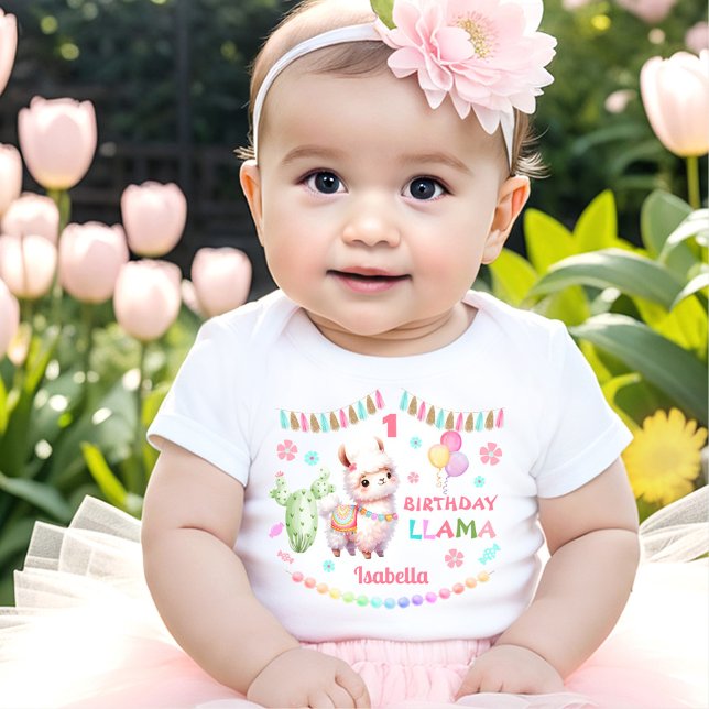 Cute Llama Fun Colourful Girl 1st Birthday Name Baby T-Shirt (Cute Llama Fun Colorful Girl 1st Birthday Baby T-Shirt)