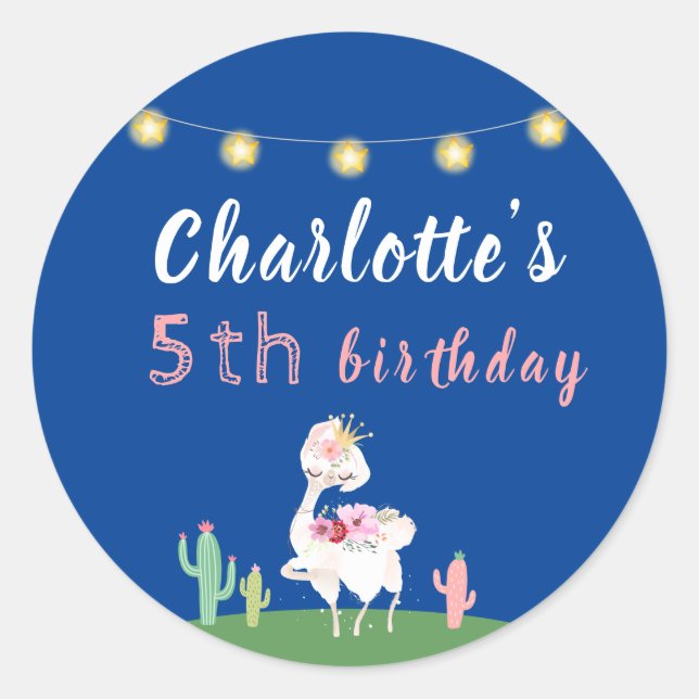 Cute Llama Fun Dark Blue Birthday Party Classic Round Sticker (Front)