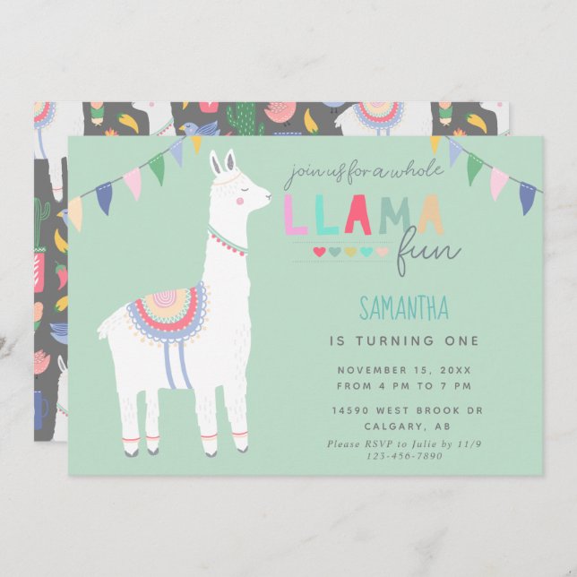 Cute Llama Fun Kid's Birthday Fiesta Banner Invitation (Front/Back)