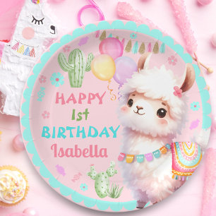 Cute Llama Fun Whimsical Colourful Girl Birthday Paper Plate