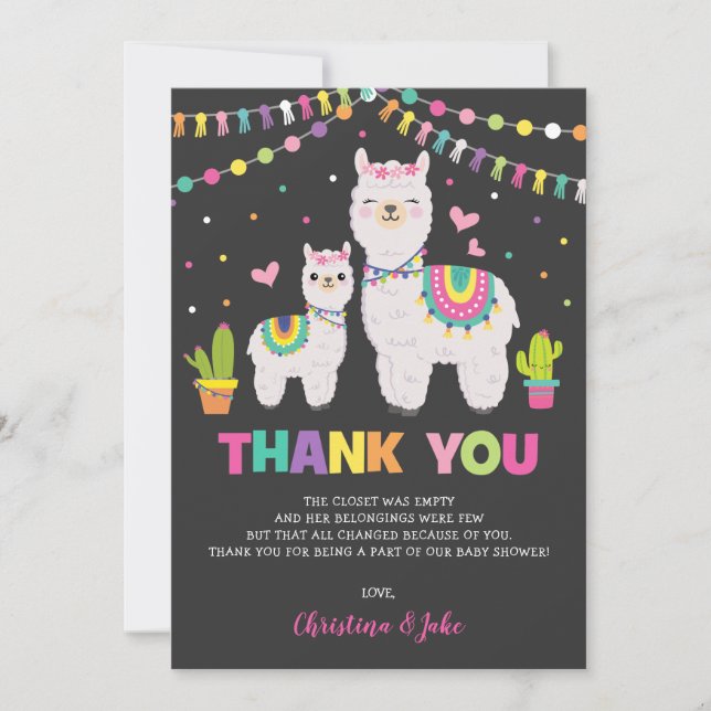 Cute Llama Girl Baby Shower Fiesta Thank You Card (Front)