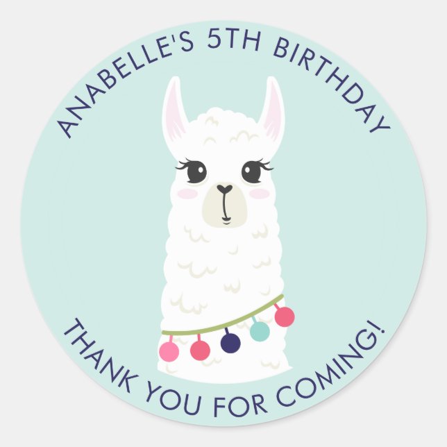 Cute Llama Girl's Birthday Party Classic Round Sticker (Front)