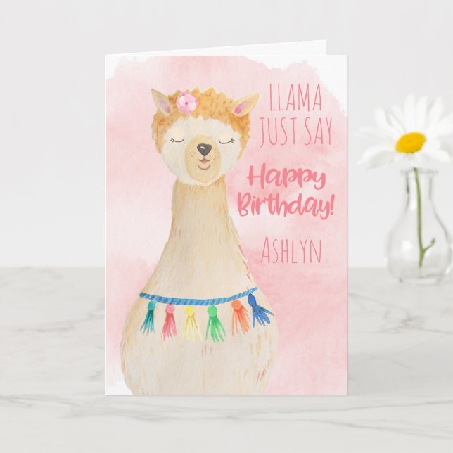 Cute Llama Girly Pink Personalised Birthday Card (Small Plant)