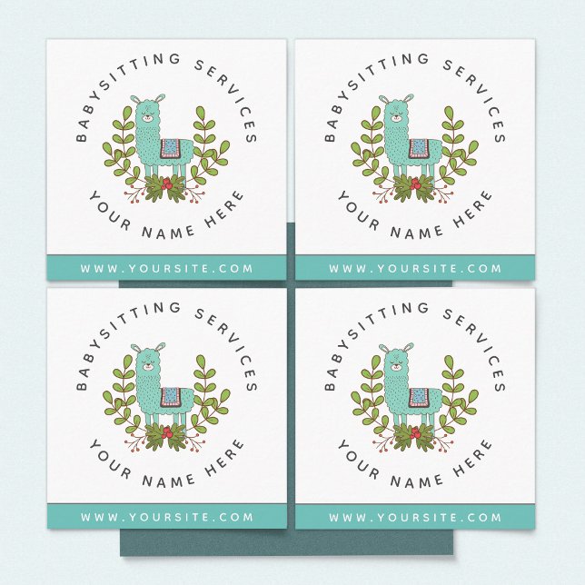 Cute Llama Greenery Daycare Childcare Babysitter Square Business Card (Creator Uploaded)