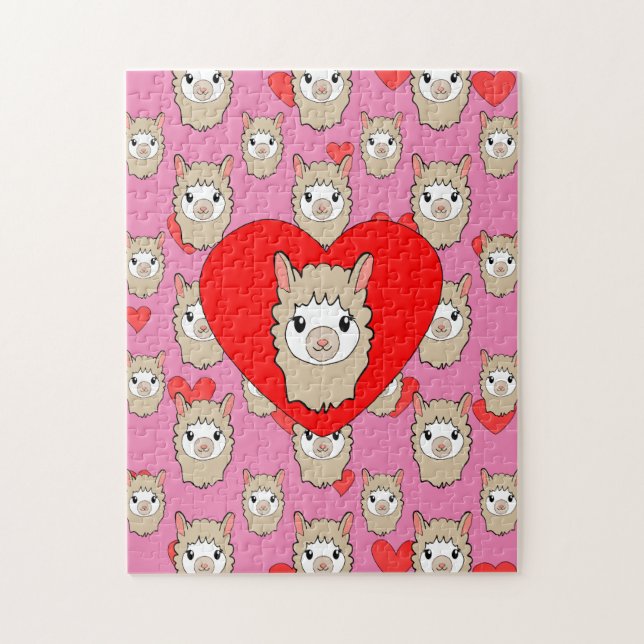 Cute Llama Head And Red Hearts Pink Background Jigsaw Puzzle (Vertical)