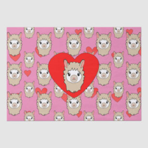 Cute Llama Head And Red Hearts Pink Background Tissue Paper