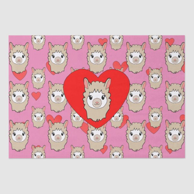 Cute Llama Head And Red Hearts Pink Background Tissue Paper (Front)