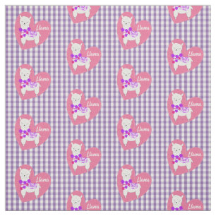 Cute Llama Heart Gingham Plaid Pink Purple White Fabric