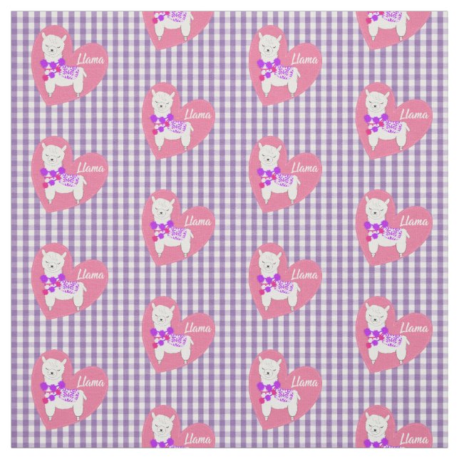 Cute Llama Heart Gingham Plaid Pink Purple White Fabric (Swatch)