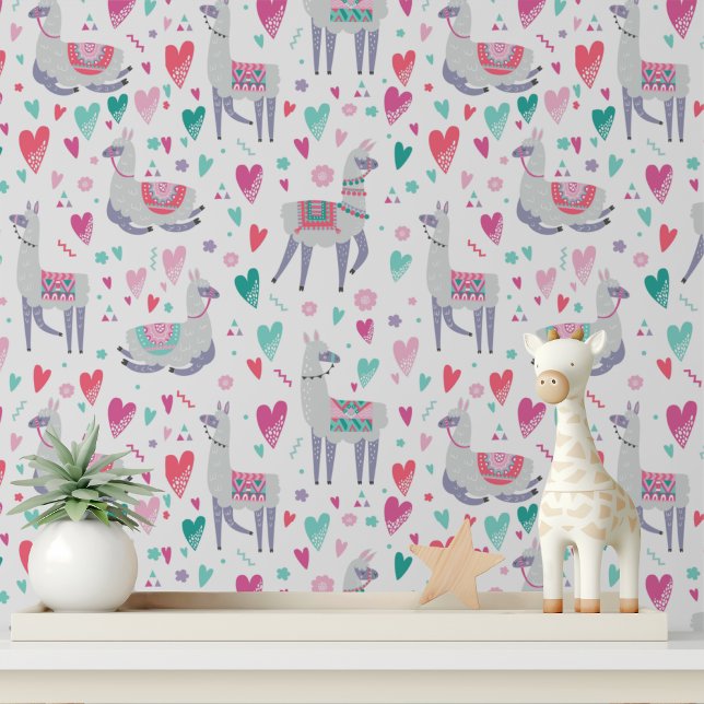 Cute Llama Hearts Girls Modern Kids Pattern Wallpaper (Creator Uploaded)