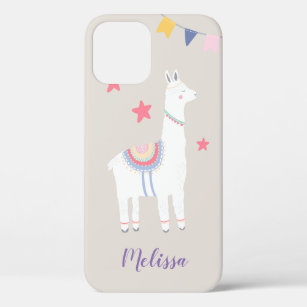 Cute Llama Illustration with Monogram in Purple iPhone 12 Case