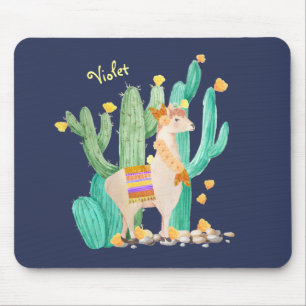Cute Llama in Cactus Garden - Personalised Blue Mouse Pad