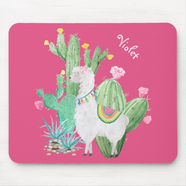 Cute Llama in Cactus Garden - Personalised Pink Mouse Pad (Front)