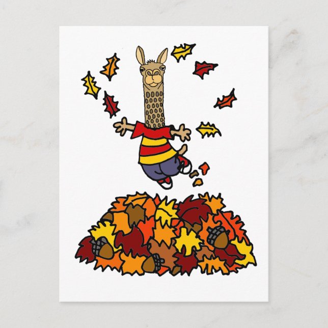 Cute Llama Jumping in Leaf Pile Cartoon Postcard (Front)