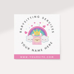 Cute Llama Kawaii Clouds Pink Daycare Rainbow Kids Square Business Card
