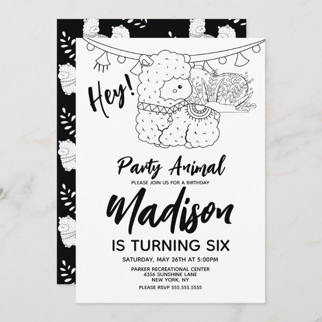 Cute Llama Kids Birthday Party Black White Invitation (Front/Back)