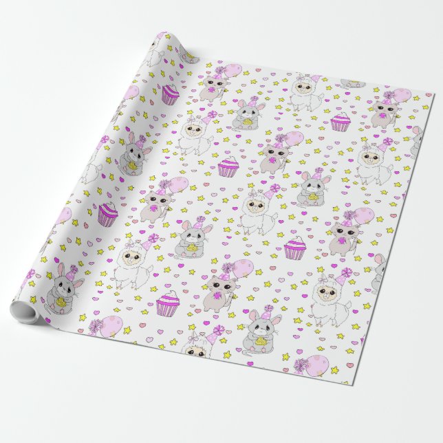 Cute Llama, Kitten and Mouse Cupcake Purple Girl's Wrapping Paper (Unrolled)