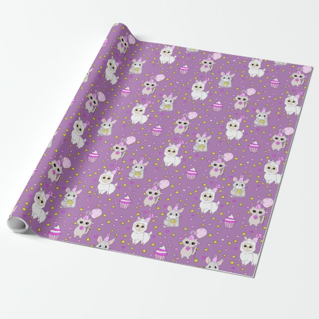 Cute Llama, Kitten and Mouse Cupcake Purple Girl's Wrapping Paper (Unrolled)