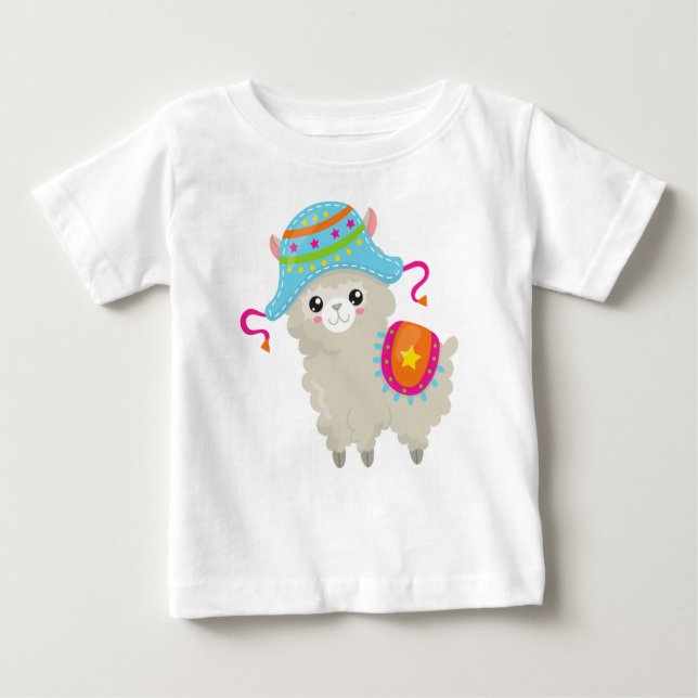 Cute Llama, Little Llama, Alpaca, Llama With Hat Baby T-Shirt (Front)