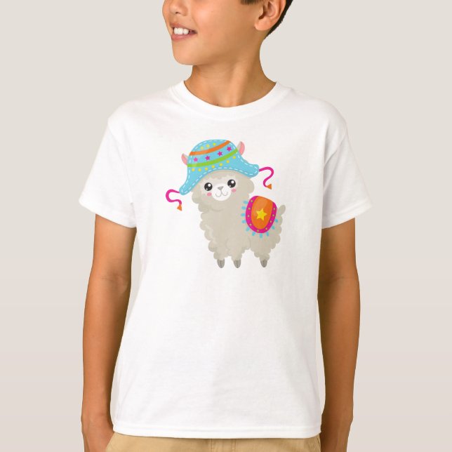 Cute Llama, Little Llama, Alpaca, Llama With Hat T-Shirt (Front)
